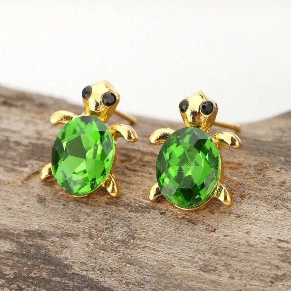 Green Gemstone Turtle Earrings